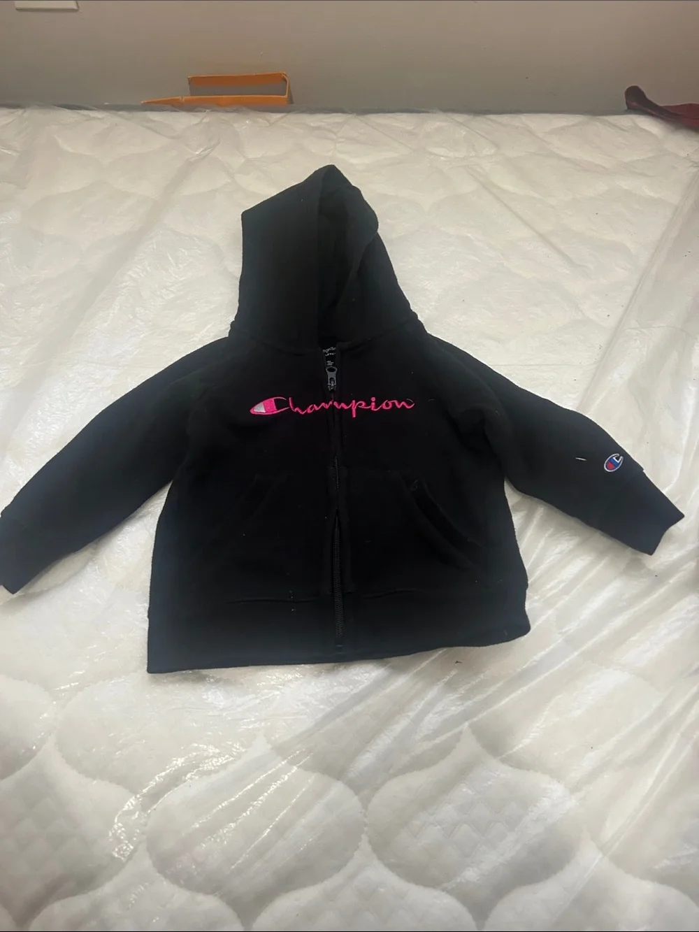 Champion Black Kids Zip Hoodie with Pink Logo